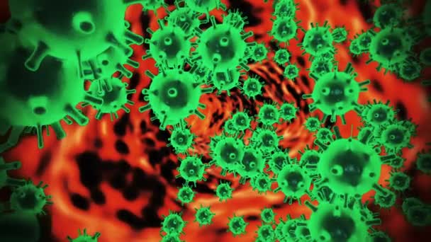 Coronavirus 2019-nCov cells in organism blood vessel presented as neon green cells on black background. Concept of dangerous virus strain cases like coronavirus, SARS, MERS. 3d rendering 4K video. — Stock Video