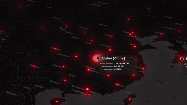 A koronavírus járvány COVID 19 terjed a wuhan Kínában a sötét kontinensen vörös színű városok és statisztikai adatok. 3D renderelés animációs világtérkép háttér 4K videó. — Stock Fotó