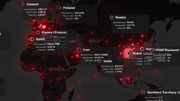 A koronavírus járvány COVID 19 terjed a wuhan Kínában a sötét kontinensen vörös színű városok és statisztikai adatok. 3D renderelés animációs világtérkép háttér 4K videó. — Stock Fotó