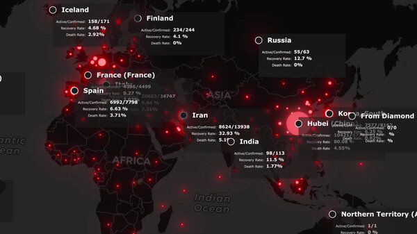 Pandemic of the coronavirus COVID 19 is spreading from wuhan in china over dark mainlands with red colored infected cities and statistics data. 3d rendering animated world map background in 4K video.