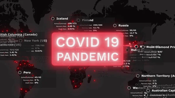Pandemia del coronavirus COVID 19 si sta diffondendo da wuhan in Cina su terre scure con città infette di colore rosso e dati statistici. Rendering 3D animato sfondo mappa del mondo in video 4K . — Foto Stock
