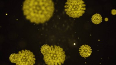 Siyah bir zemin üzerinde hareket eden yeşil küresel mikroorganizmalar olarak gösterilen enfekte organizma içindeki Coronavirus 2019 nCoV patojen hücrelerinin sanal animasyonlu temsili. 4K görüntüleme 3D soyut.