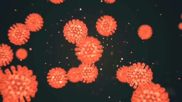 Zvětšení koronavirových kovid19 buněk elektronovým mikroskopem. Oranžové virové buňky se pohybují na černém pozadí. 3D animace vykreslování smyčky ve 4K. — Stock video