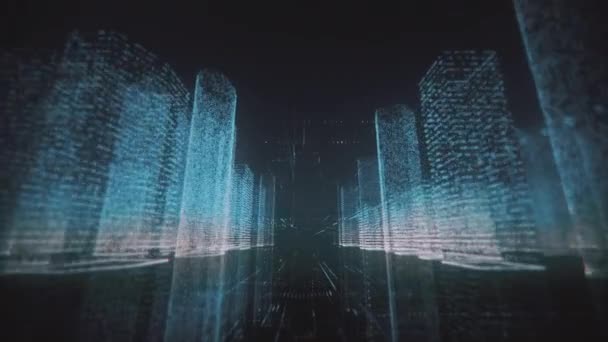 Kamerabewegungen im schwarzen Cyberspace durch das Zentrum der digitalen Großstadt bestehen aus blau und weiß gefärbten Zahlen und Gittern. Digitale Technologie und futuristisches Geschäftskonzept Hintergrund. 3D — Stockvideo