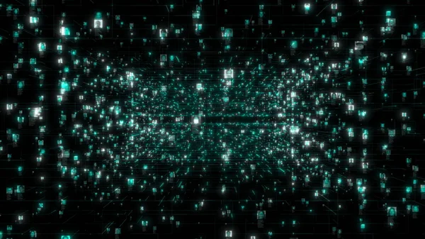 Социальная сеть с потоком неоновых цветных портретов неузнаваемых людей, движущихся вдоль ярко-голубой сети и соединений данных на черном фоне киберпространства, 3d рендеринг 4K кадров — стоковое фото