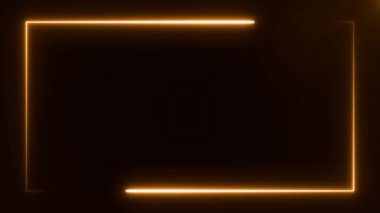 bilgisayar tarafından oluşturulan soyut dikdörtgen neon çerçeve, siyah arkaplan üzerinde turuncu renkli iki hareketli çizgi, 3D canlandırmalı 4k video.