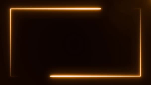 Bilgisayar tarafından oluşturulan soyut dikdörtgen neon çerçeve, siyah arkaplan üzerinde turuncu renkli iki hareketli çizgi, 3D canlandırmalı 4k video. — Stok video