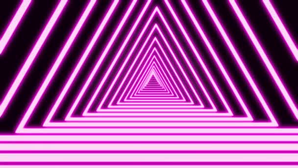 Computer generated geometric tunnel of neon triangles on a black background consisting of moving colorful blue narrow crossed stripes. Art, commercial and business concept motion backdrop. 3D — Stock Video