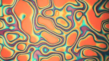 Yağlı sıvı dalgalanma ve neon parlak yüzey. Sanat veya iş konsepti için turuncu, mor, yeşil ve sarı renkli dijital grafik arka plan. 3d canlandırma canlandırma 4K video.