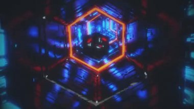 Parlak mavi ve kırmızı neon ışıkların oluşturduğu altıgen tünelde hareket eden bir ayna taşının hareket arka plan videosu. 4K içinde 3D canlandırma.