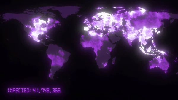 Coronavirus COVID-19 pandemic world map. Epidemic is spreading from wuhan over the world. Dark mainlands with purple infected cities and statistics. 3d rendering animation concept background in 4K.