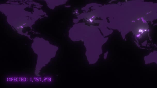 Coronavirus COVID-19 pandemisk världskarta. Epidemin sprider sig från Wuhan över världen. Mörka fastlandet med lila infekterade städer och statistik. 3D-rendering animation koncept bakgrund i 4K. — Stockvideo