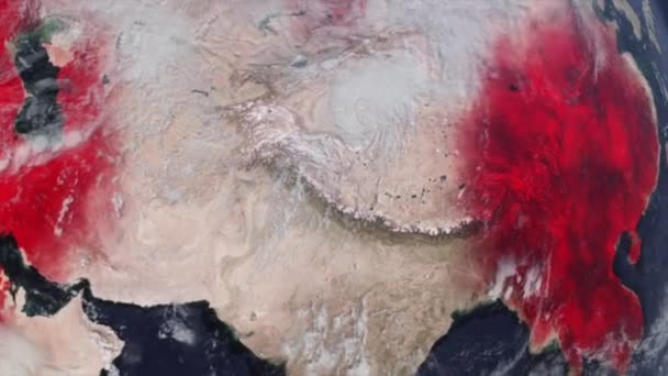 Coronavirus COVID-19 pandemic world map with orange pinpoints of infected cities with health statistics on dark mainlands. Epidemic concept 3d rendering animated background in 4K video. — Stock Video