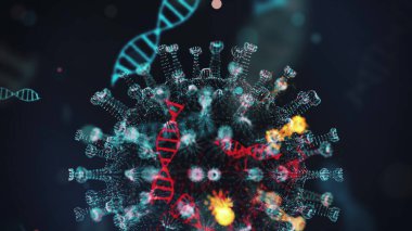 Coronavirus COVID-19 'un dijital modeli ve DNA ipliği, siyah arka planda sivri uçlu ve DNA sarmalı olan yuvarlak bir gök mavisi hücresi olarak gösteriliyor. Tehlikeli virüs türünün animasyon konsepti. 4K içinde 3D görüntüleme