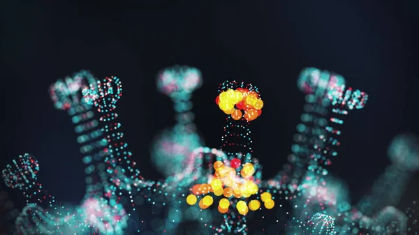 Modelo digital de coronavírus COVID-19 e fita de dna mostrado como célula azure redonda com picos e hélices de DNA em torno dele sobre fundo preto. Conceito animado de estirpe de vírus perigoso. Renderização 3d em 4K — Fotografia de Stock