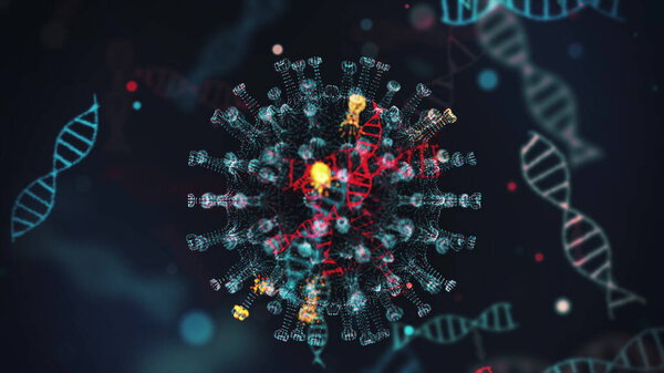 Digital model of coronavirus COVID-19 and dna strand shown as round azure cell with spikes and DNA helixes around it on black background. Animated concept of dangerous virus strain. 3d rendering in 4K