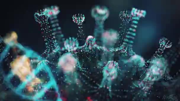 Цифровая модель коронавируса COVID-19 и цепочки ДНК показана в виде круглых лазурных клеток с шипами и спиралями ДНК вокруг него на черном фоне. Анимированная концепция опасного штамма вируса. 3D рендеринг в 4K — стоковое видео