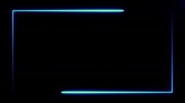 Siyah zemin üzerinde hareket eden iki mavi renkli neon ışıklandırma hattı ve ekran kenarı üzerinde dikdörtgen çerçeve oluşturur. Soyut bilgisayar oluşturulmuş arkaplan 3D görüntüleme 4k.
