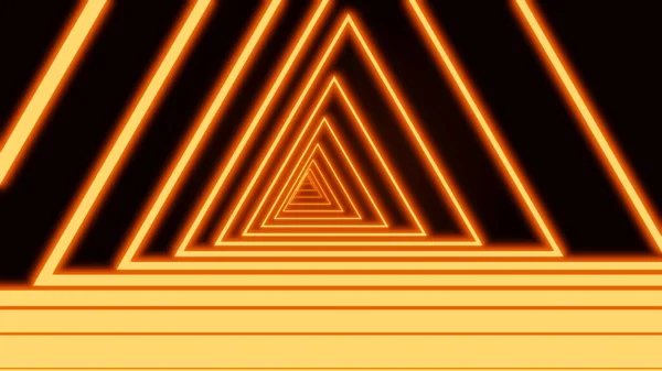 コンピュータが生成した抽象的なネオン三角形のトンネルは、黒い背景に黄色の線で動き、 3Dレンダリング4kビデオ. — ストック写真