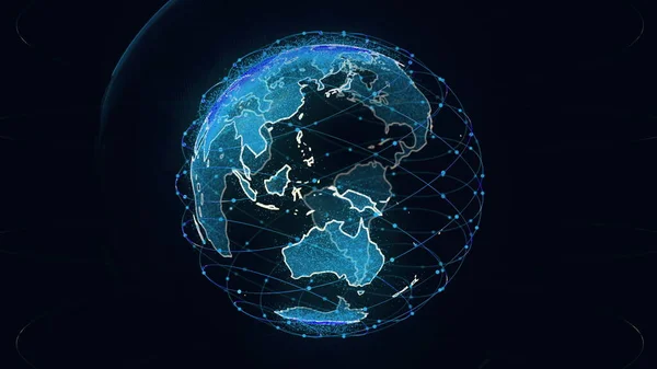 Globális hálózati kapcsolat a világ absztrakt 3D-s renderelő műholdjai Starlink. műholdak létre egy web vagy skybridge környező bolygó szállító bonyolultság nagy adat elárasztja a modern digitális — Stock Fotó