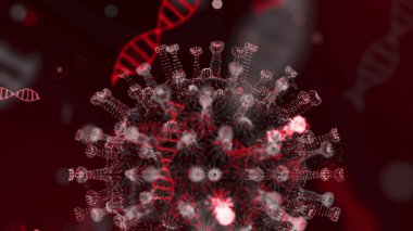 Koronavirüsün 3 boyutlu görüntülenmesi. Patojenler ve DNA iplikçikleri yuvarlak gök mavisi hücre olarak gösteriliyor. Etrafında sivri uçlar ve DNA sarmalları var. Tehlikeli virüs türünün animasyon konsepti. 3d