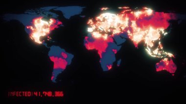 Coronavirus COVID-19 pandemic world map with orange pinpoints of infected cities with health statistics on dark mainlands. Epidemic concept 3d rendering animated background in 4K video. clipart