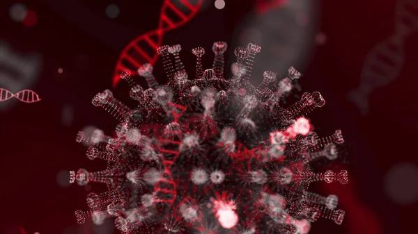 3D-visualisering av coronavirus. Patogener, och DNA-strängen visas som runda azurceller med spikar och DNA-spiraler runt den på svart bakgrund. Animerat koncept för farlig virusstam. 3d — Stockfoto