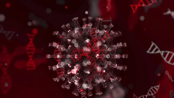 3D-visualisering av coronavirus. Patogener, och DNA-strängen visas som runda azurceller med spikar och DNA-spiraler runt den på svart bakgrund. Animerat koncept för farlig virusstam. 3d — Stockfoto