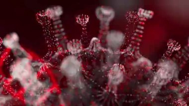 Koronavirüsün 3 boyutlu görüntülenmesi. Patojenler ve DNA iplikçikleri yuvarlak gök mavisi hücre olarak gösteriliyor. Etrafında sivri uçlar ve DNA sarmalları var. Tehlikeli virüs türünün animasyon konsepti. 3d