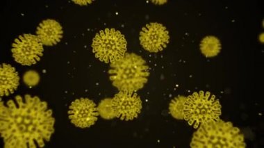 Siyah bir zemin üzerinde hareket eden yeşil küresel mikroorganizmalar olarak gösterilen enfekte organizma içindeki Coronavirus 2019 nCoV patojen hücrelerinin sanal animasyonlu temsili. 4K görüntüleme 3D soyut.
