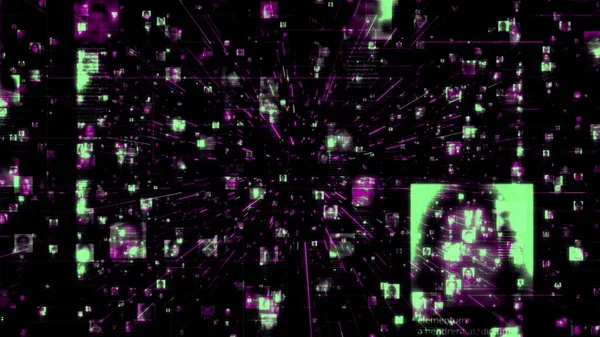 Un social network con un flusso di verde neon persone irriconoscibili ritratti colorati che si muovono lungo luminose connessioni di rete viola in sfondo nero cyberspazio, 3d rendering 4K metraggio — Foto Stock