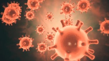 Mikrop kapmış organizmanın içindeki Coronavirus 2019-nCov patojeni siyah zemin üzerinde kahverengi yuvarlak hücreler olarak gösterilmiştir. 2019-nCoV, SARS, H1N1, MERS ve diğer salgın virüsler konsepti. 3D görüntüleme 4K.