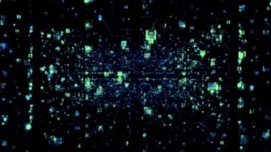 Siyah siber uzay arka planında mavi ağ şebekesi boyunca hareket eden yeşil neon renkli tanımlanamayan insan portreleriyle dolu bir sosyal ağın yapay zeka kavramı. İş dünyası