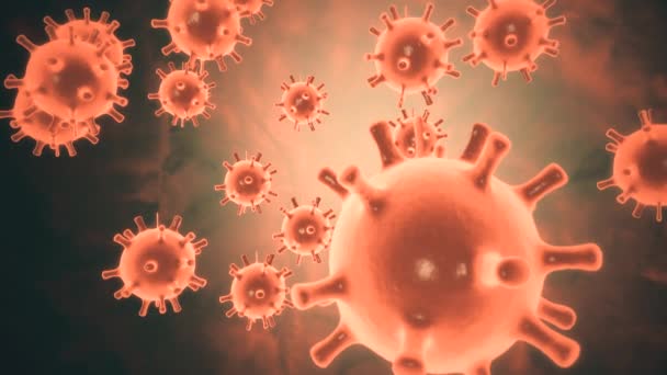 Patógeno do coronavírus 2019-nCov dentro do organismo infectado ilustrado como células redondas marrons sobre fundo preto. 2019-nCoV, SARS, H1N1, MERS e outros vírus epidêmicos conceito. 3D renderização de vídeo 4K. — Vídeo de Stock