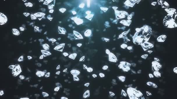 패션 배경. 디오스 속에 있는 다이아몬드는 푸른 배경 위로 서서히 떨어지고 있습니다. 3D 렌더링 — 비디오