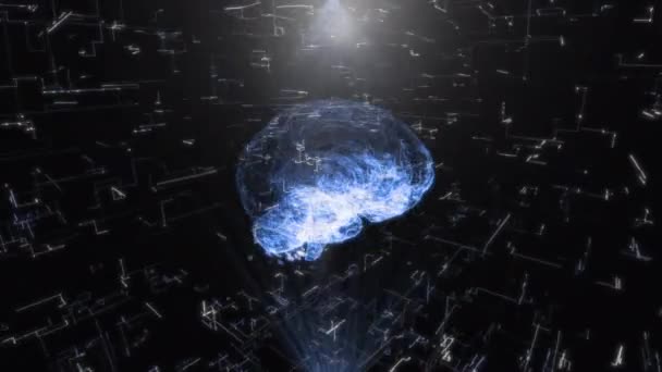 Голограмма мозга, представляющая искусственный интеллект. Искусственный интеллект. Интеллектуальный анализ данных. Изучение современных компьютерных технологий. 3D рендеринг — стоковое видео
