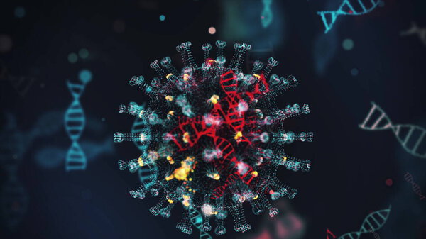 Digital model of coronavirus COVID-19 and dna strand shown as round azure cell with spikes and DNA helixes around it on black background. Animated concept of dangerous virus strain. 3d rendering in 4K