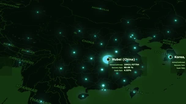 Covid 19 Corona wirus pandemii tabletka ostrzegawcza na futurystycznej mapie świata z lazurowym kolorem zakażonych miast na czarnych kontynentach i zielonych oceanach. Epidemia koncepcja animowane tło 3d renderowania wideo 4K. — Wideo stockowe