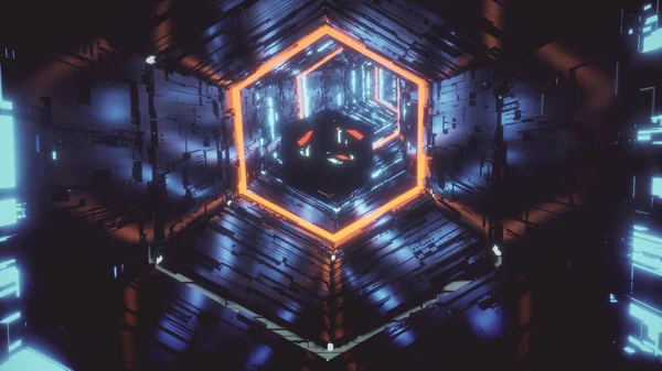 Vidéo abstraite de fond d'un joyau spéculaire volant dans le tunnel hexagonal de néons bleu vif et orange. Animation de rendu 3d en 4K . — Photo