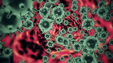 Mikrop kapmış organizmanın içindeki Coronavirus 2019-nCov patojeni siyah zemin üzerinde sarı yuvarlak hücreler olarak gösteriliyor. 2019-nCoV, SARS, H1N1, MERS ve diğer salgın virüsler konsepti. 3D görüntüleme 4K.