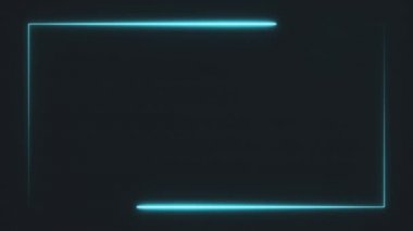 Siyah zemin üzerinde hareket eden iki çizgi tarafından oluşturulan ekran kenarındaki parlak gök mavisi neon dikdörtgen. Soyut arkaplan 3D görüntüleme 4k.