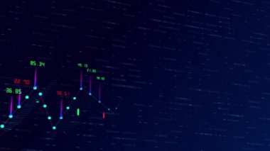 Artan mali grafik ve veriler yeşil renkte karı, kırmızıda kaybı, mavi arkaplanda ise grafik ve akış sayaçlarını gösteriyor. Borsadaki dijital trend verilerinin 4K 3d biçimlendirilmesindeki kavramı.