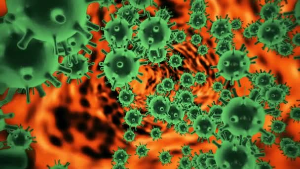 Patógeno do coronavírus 2019-nCov dentro do organismo infectado apresentado como células redondas de cor azul sobre fundo preto. 2019-nCoV, SARS, H1N1, MERS e outros vírus epidêmicos conceito. Renderização 3d em 4K. — Vídeo de Stock