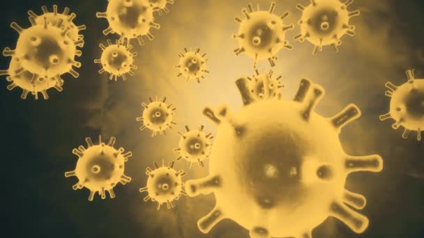 Patogen dari coronavirus 2019-nCov di dalam organisme yang terinfeksi digambarkan sebagai sel bulat kuning pada latar belakang hitam. 2019-nCoV, SARS, H1N1, MERS dan konsep virus epidemi lainnya. 3d rendering video 4K. — Stok Video