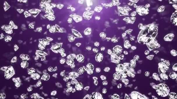 Efeito visual. cristais brilhando em raios de luz caem sobre um fundo roxo. cintilando em rostos de cristal. animação loop contínuo. Renderização 3d — Vídeo de Stock