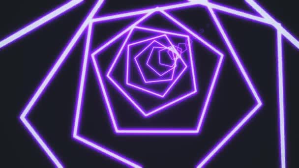 ネオン五角形トンネル抽象的な動きの背景。五角形は鮮やかな紫色の線とカメラで構成され、黒い背景で動きます。3Dレンダリング4kビデオ. — ストック動画