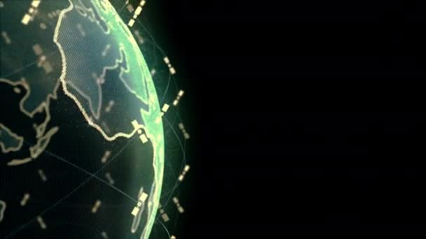 Бездротове підключення Wi-Fi даних до глобальної системи телекомунікаційних супутників в концептуальній анімації 3D рендерингу на чорному тлі в 4K — стокове відео