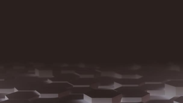 Resumen Hexágono Geométrico de escritorio Superficie Suave Mover la luz brillante limpio modelo de rejilla hexagonal mínima, movimiento de agitación aleatoria 3D representación de lienzo de fondo en la pared en blanco arquitectónico llano 4K UHD — Vídeos de Stock