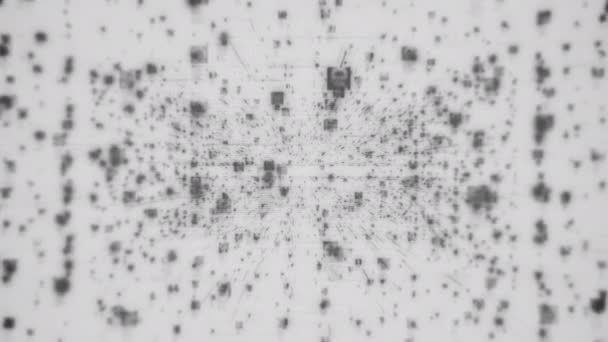 Soziales Netzwerk-Konzept mit einem Strom unkenntlich gemachter Porträts, die sich untereinander mit Linien auf weißem Hintergrund verbinden, 3D-Wiedergabe von 4K-Filmmaterial im Negativen