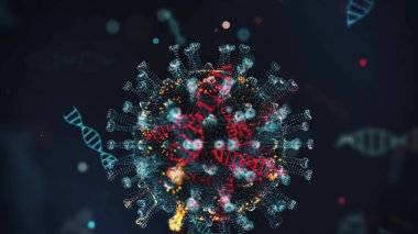 Coronavirus COVID-19 'un dijital modeli ve DNA ipliği, siyah arka planda sivri uçlu ve DNA sarmalı olan yuvarlak bir gök mavisi hücresi olarak gösteriliyor. Tehlikeli virüs türünün animasyon konsepti. 4K içinde 3D görüntüleme